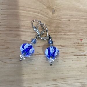 Blue and Silver Dangle Earrings Murano glass vintage
